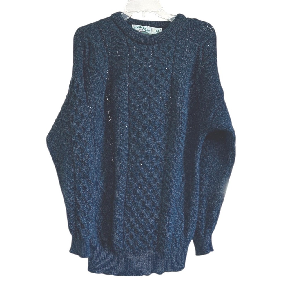 Aran Crafts Ireland Wool Cable Knit Sweater Navy Blue Oarsman Fisherman Celtic L